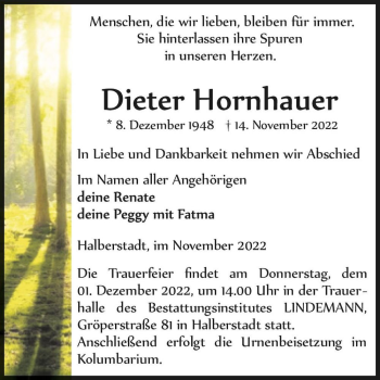 Traueranzeige von Dieter Hornhauer  von Magdeburger Volksstimme