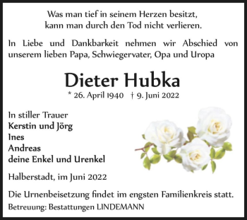 Traueranzeige von Dieter Hubka  von Magdeburger Volksstimme