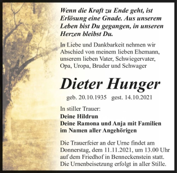 Traueranzeige von Dieter Hunger  von Magdeburger Volksstimme
