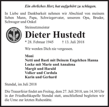 Traueranzeige von Dieter Hustedt  von Magdeburger Volksstimme
