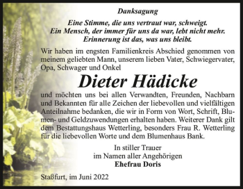Traueranzeige von Dieter Hädicke  von Magdeburger Volksstimme