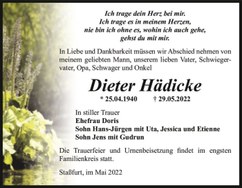 Traueranzeige von Dieter Hädicke  von Magdeburger Volksstimme