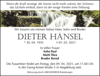 Traueranzeige von Dieter Hänsel  von Magdeburger Volksstimme
