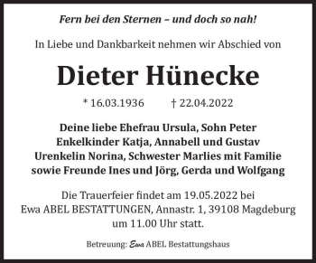 Traueranzeige von Dieter Hünecke  von Magdeburger Volksstimme