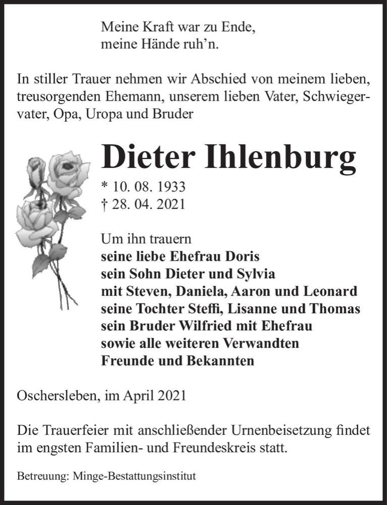  Traueranzeige für Dieter Ihlenburg  vom 04.05.2021 aus Magdeburger Volksstimme