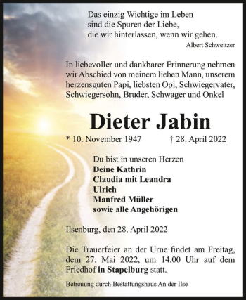 Traueranzeige von Dieter Jabin  von Magdeburger Volksstimme
