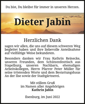 Traueranzeige von Dieter Jabin  von Magdeburger Volksstimme
