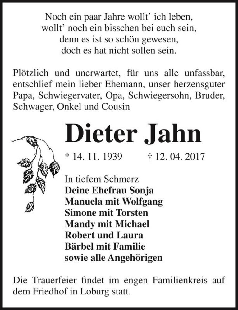  Traueranzeige für Dieter Jahn  vom 15.04.2017 aus Magdeburger Volksstimme