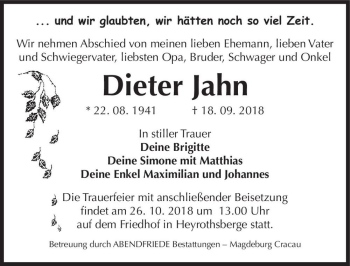 Traueranzeige von Dieter Jahn  von Magdeburger Volksstimme