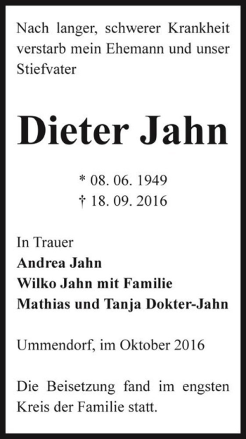 Traueranzeige von Dieter Jahn  von Magdeburger Volksstimme