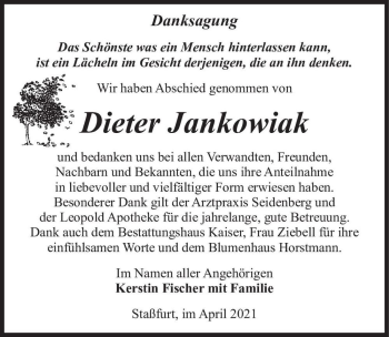 Traueranzeige von Dieter Jankowiak  von Magdeburger Volksstimme