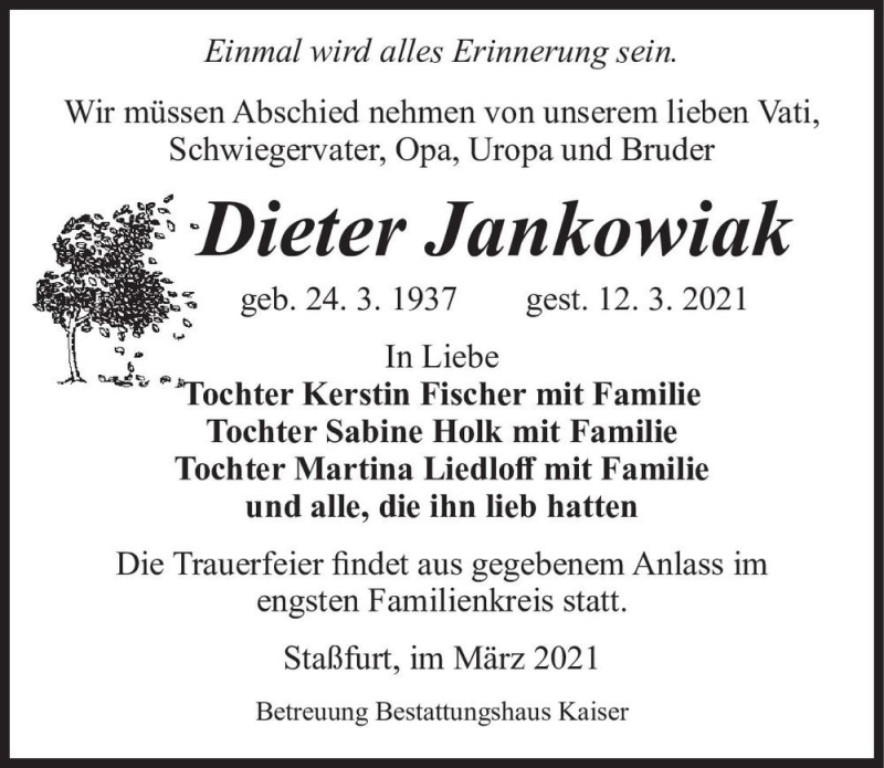  Traueranzeige für Dieter Jankowiak  vom 20.03.2021 aus Magdeburger Volksstimme