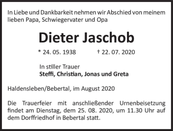 Traueranzeige von Dieter Jaschob  von Magdeburger Volksstimme