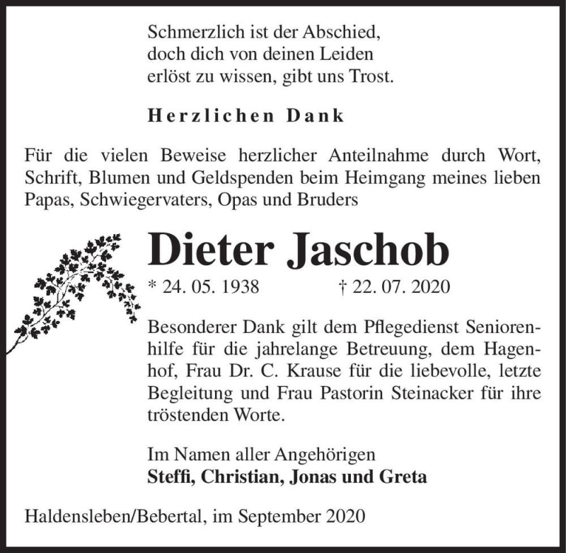  Traueranzeige für Dieter Jaschob  vom 26.09.2020 aus Magdeburger Volksstimme
