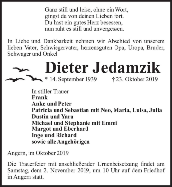 Traueranzeige von Dieter Jedamzik  von Magdeburger Volksstimme