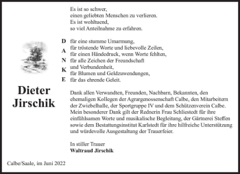 Traueranzeige von Dieter Jirschik  von Magdeburger Volksstimme