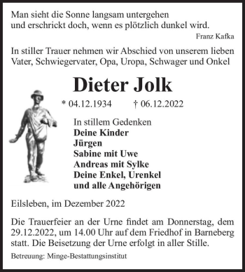 Traueranzeige von Dieter Jolk  von Magdeburger Volksstimme