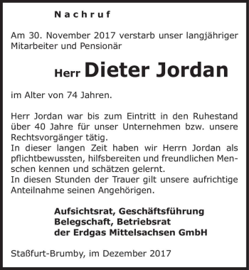 Traueranzeige von Dieter Jordan  von Magdeburger Volksstimme