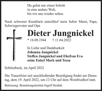 Traueranzeige von Dieter Jungnickel  von Magdeburger Volksstimme