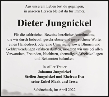 Traueranzeige von Dieter Jungnickel  von Magdeburger Volksstimme