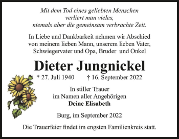 Traueranzeige von Dieter Jungnickel  von Magdeburger Volksstimme