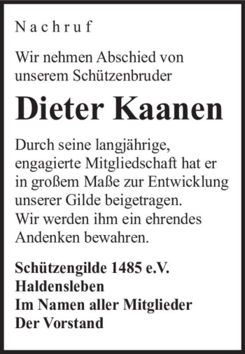 Traueranzeige von Dieter Kaanen  von Magdeburger Volksstimme
