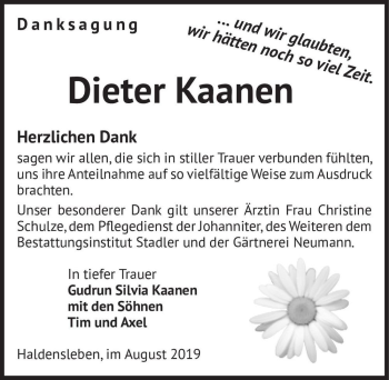 Traueranzeige von Dieter Kaanen  von Magdeburger Volksstimme