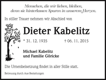 Traueranzeige von Dieter Kabelitz  von Magdeburger Volksstimme