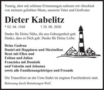 Traueranzeige von Dieter Kabelitz  von Magdeburger Volksstimme