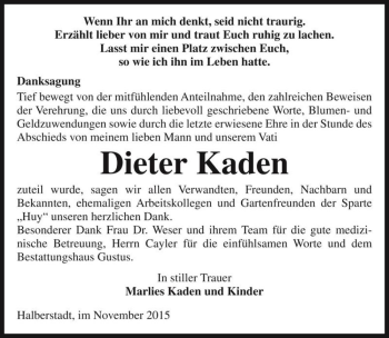 Traueranzeige von Dieter Kaden  von Magdeburger Volksstimme