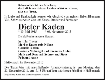Traueranzeige von Dieter Kaden  von Magdeburger Volksstimme
