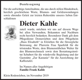 Traueranzeige von Dieter Kahle  von Magdeburger Volksstimme