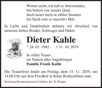 Traueranzeige von Dieter Kahle  von Magdeburger Volksstimme