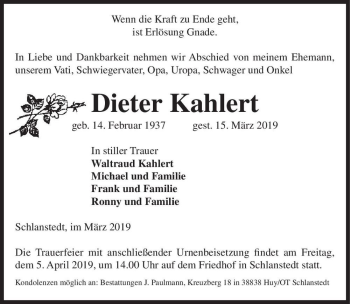 Traueranzeige von Dieter Kahlert  von Magdeburger Volksstimme