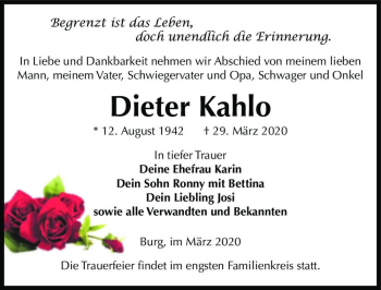 Traueranzeige von Dieter Kahlo  von Magdeburger Volksstimme