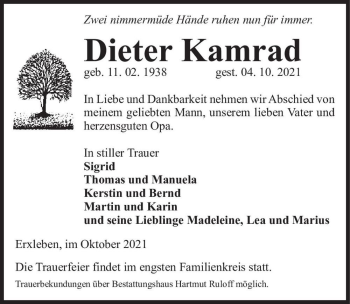 Traueranzeige von Dieter Kamrad  von Magdeburger Volksstimme