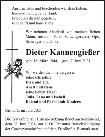 Traueranzeige von Dieter Kannengießer  von Magdeburger Volksstimme