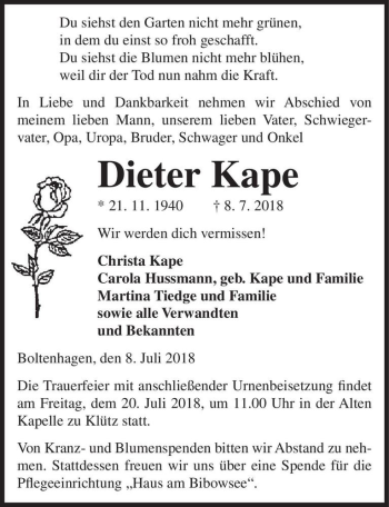 Traueranzeige von Dieter Kape  von Magdeburger Volksstimme