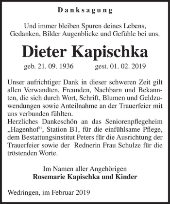 Traueranzeige von Dieter Kapischka  von Magdeburger Volksstimme