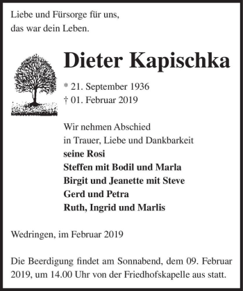 Traueranzeige von Dieter Kapischka  von Magdeburger Volksstimme