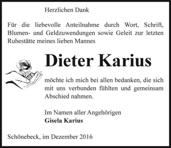 Traueranzeige von Dieter Karius  von Magdeburger Volksstimme