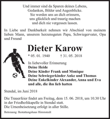 Traueranzeige von Dieter Karow  von Magdeburger Volksstimme