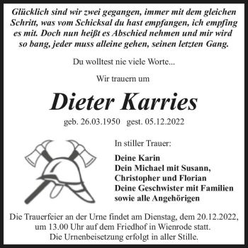 Traueranzeige von Dieter Karries  von Magdeburger Volksstimme