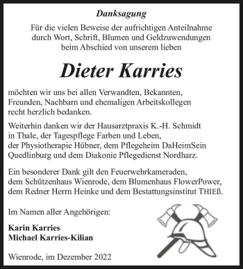 Traueranzeige von Dieter Karries  von Magdeburger Volksstimme
