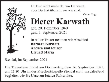 Traueranzeige von Dieter Karwath  von Magdeburger Volksstimme