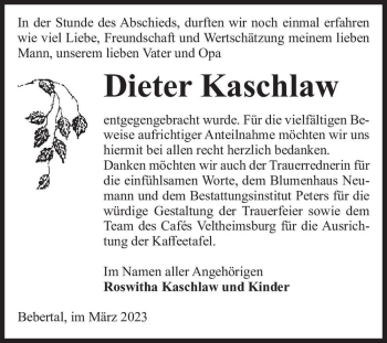 Traueranzeige von Dieter Kaschlaw  von Magdeburger Volksstimme