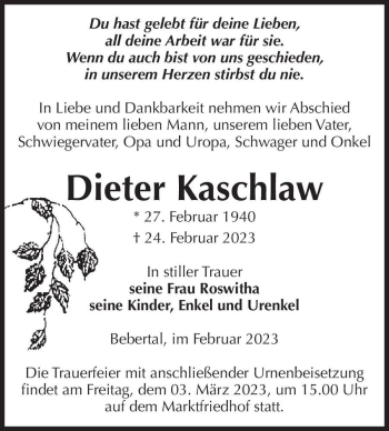 Traueranzeige von Dieter Kaschlaw  von Magdeburger Volksstimme