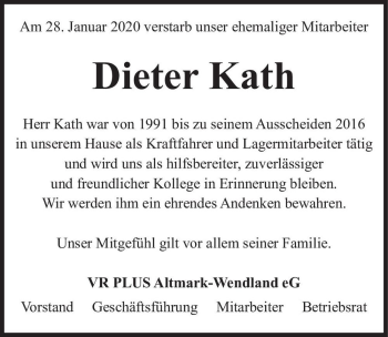 Traueranzeige von Dieter Kath  von Magdeburger Volksstimme