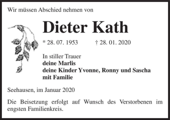 Traueranzeige von Dieter Kath  von Magdeburger Volksstimme