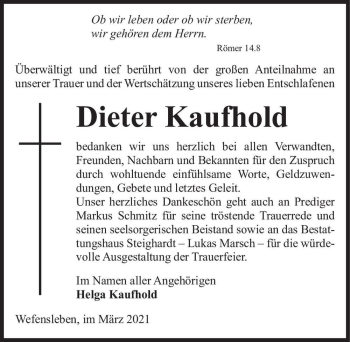 Traueranzeige von Dieter Kaufhold  von Magdeburger Volksstimme